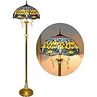 16 Inch Tiffany Style Dragonfly Floor Lamp, 3 Lights, Vintage Stained Glass Floor Uplighter, Vintage Standing Light for Living Room Bedroom Office Reading Lamp (Yellow)