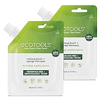 EcoTools Makeup Brush and Blending Sponge Shampoo, Removes Dirt, Makeup & Impurities From Brushes & Sponges, Travel Sized, Perfect For On The Go, Hypoallergenic, 3.4 fl.oz/ 100.6 ml Sachet, 2 Count