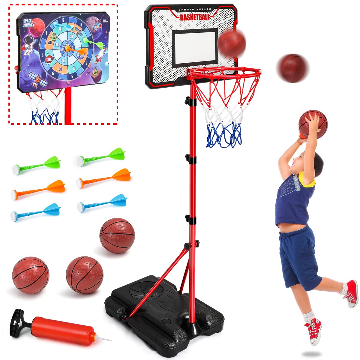 Meland Kids Basketball Hoop - Adjustable Height 2.9ft-6.2ft Toddler Basketball Hoop for Kids, Kids Basketball Goal Indoor & Outdoor Toys Backyard Outside Toys for Boys Age 3 4 5 6 7 8 Years Gift