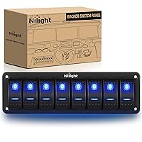 Nilight 8 Gang Aluminum Rocker Switch Panel Toggle Dash 5 Pin ON/Off Pre-Wired Rocker Switch Blue Backlit Switch for Automotive Car Marine Boat RV,2 Years Warranty