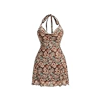 Floerns Women's Plus Size Allover Floral Print Draped Halter Neck Tie Back Bodycon Dress