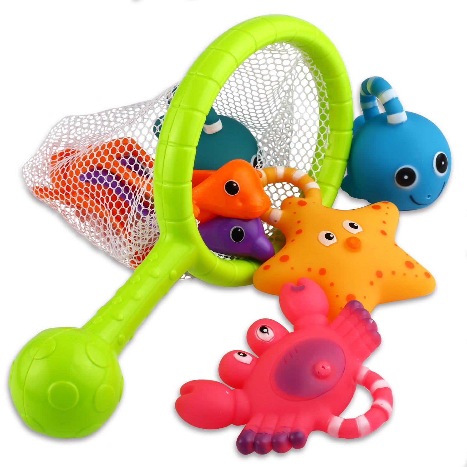 KarberDark Bath Toy, Fishing Floating Squirts Toy and Water Scoop with Organizer Bag(8 Pack), Fish Net Game in Bathtub Bathroom Pool Bath Time for Kids Toddler Baby Boys Girls, Bath Tub Spoon