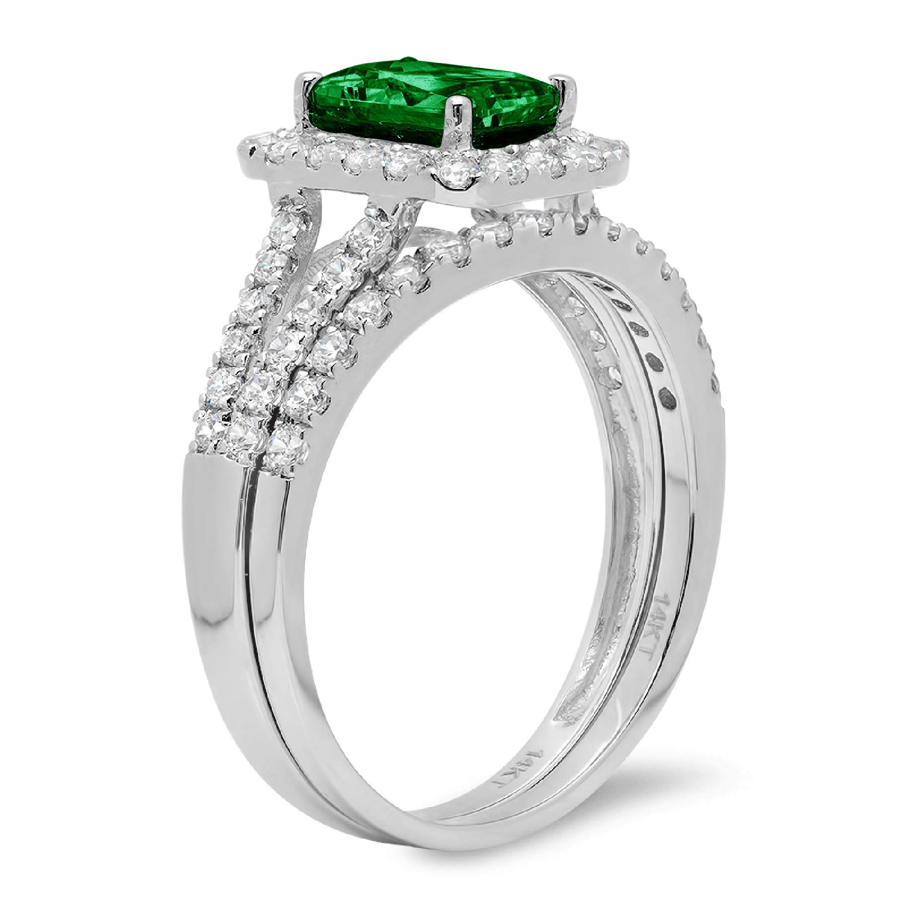1.54ct Emerald Round Cut Pave Halo Split Shank Solitaire Accent VVS1 Ideal Flawless Simulated CZ Green Emerald Engagement Promise Designer Anniversary Wedding Bridal ring band set 14k White Gold