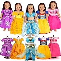 18-Inch Girl Doll Clothes Princess Dress - 5 Pc Different Princess Dress Set Includes Jasmine, Snow White, Belle, Rapunzel and Aurora Fits 18” Dolls (Set5-01)