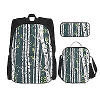 3-In-1 Backpack Bookbag Set,Beauty Birch Tree Print Casual Travel Backpacks,With Pencil Case Pouch, Lunch Bag