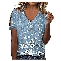 Women Summer Tops Short Sleeve Dressy Hawaiian Shirts V-Neck Button Blouses 2023 Loose Y2K Going Out Tops