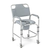 Aluminum Padded Shower Chair Commode with 4 Locking Casters, 300 lbs. Capacity — for Restroom, Bathroom & Wheelchair Transfer to Toilet, 1 Ct.,Gray