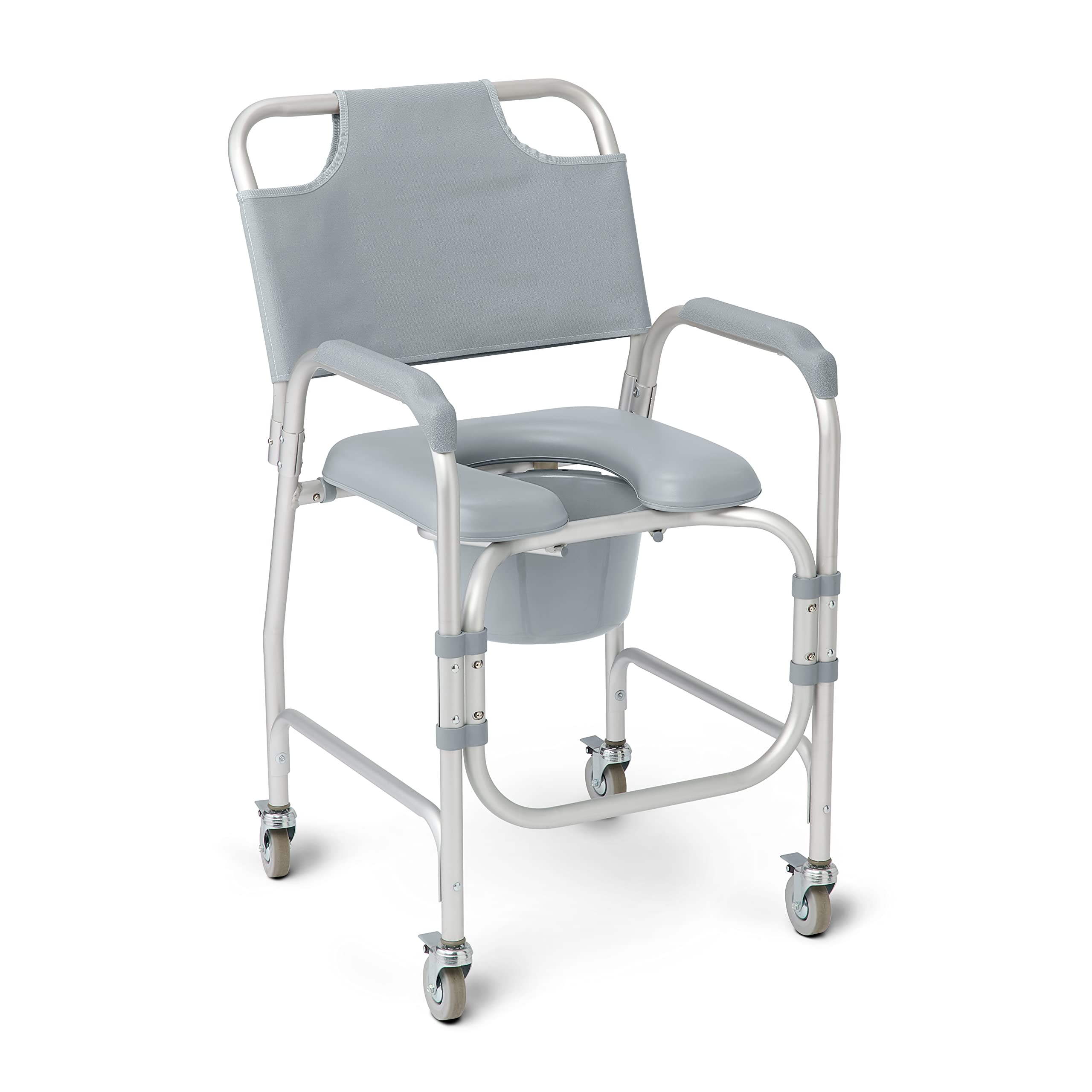 Medline Aluminum Padded Shower Chair Commode with 4 Locking Casters, 300 lbs. Capacity — for Restroom, Bathroom & Wheelchair Transfer to Toilet, 1 Ct.,Gray