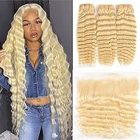 Deep Wave Human Hair 613 Blonde Deep Wave 3 Bundles with Lace Frontal Closure 13x4 Ear To Ear with Baby Hair Brazilian Deep Wave Bundles with Frontal (32 32 32 +20, deep bundles with frontal)