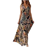 Women's Bohemian Round Neck Trendy Glamorous Dress Casual Loose-Fitting Summer Swing Sleeveless Long Print Flowy Beach