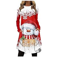 Christmas Tree Dress Women's Fashion Irregular Snowman Print Round Neck Long Sleeve Dresses