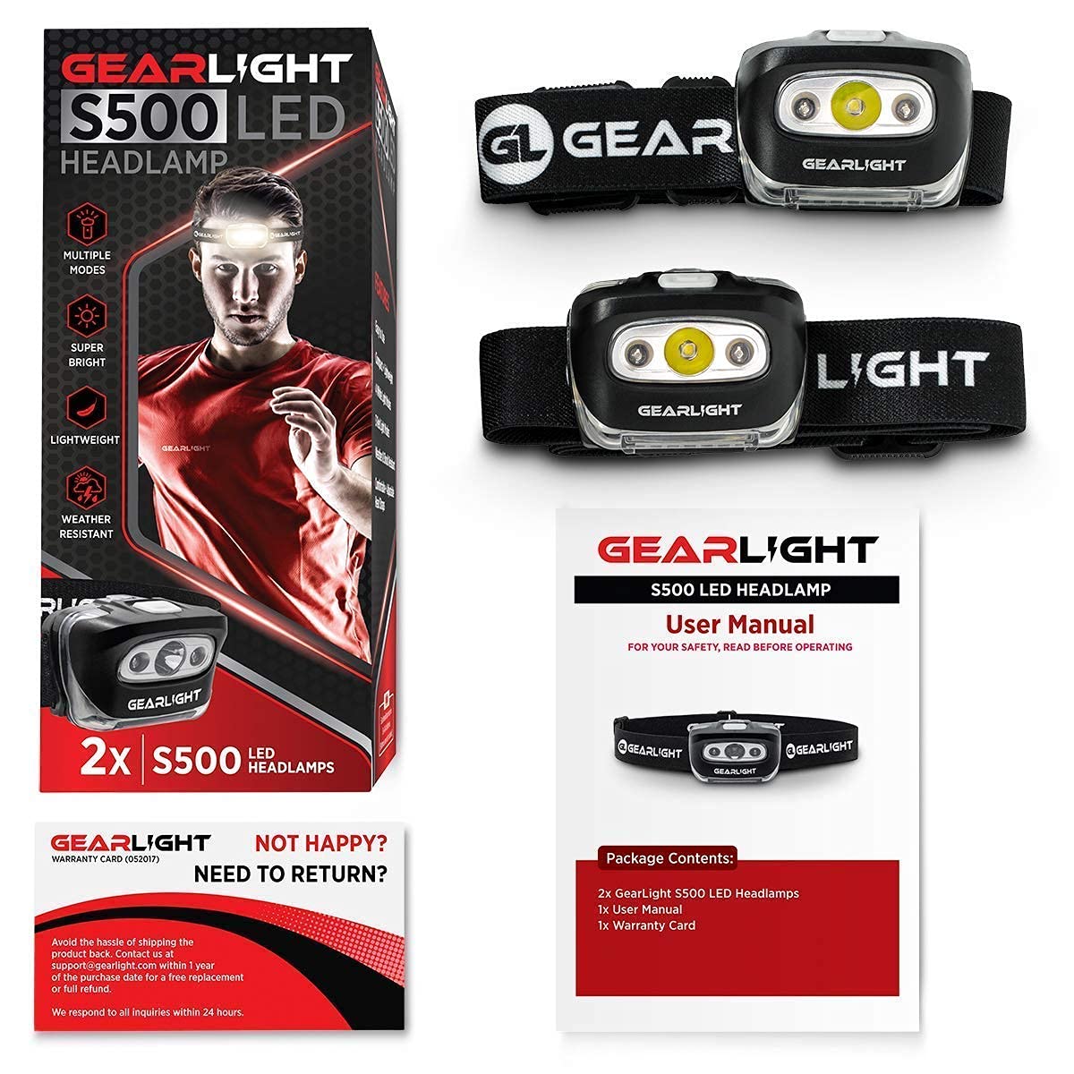 GearLight S1000 LED Tactical Flashlight with Holster [2 Pack] + GearLight S500 LED Headlamp [2 Pack] Bundle