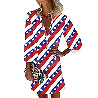 USA Flag Dress Patriotic Dress for Women Sexy Casual Vintage Print with 3/4 Length Sleeve Deep V Neck Independence Day Dresses Royal Blue XX-Large