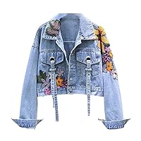 Women's Denim Jacket Spring Autumn Sequin Floral Embroidery Jacket Coat Cropped Long Sleeve Top