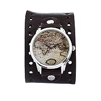 Big Map Style Watch Unisex Wrist Watch, Quartz Analog Watch with Leather Band