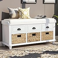 Storage Bench with Baskets,Wood Storage Bench,Entryway Storage Bench with 3 Drawers and 3 Rattan Baskets,with Removable Cushion,for Living Room Entryway(White)