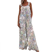 Women's Beach Vacation Outfits Sleeveless Loose Casual Jumpsuits Adjustable Straps Printed Pants Overalls, S-2XL
