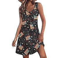 Fourth of July Dress for Women Plus Size 4th of July Dress Women 2024 American Print Vintage Fashion Casual with Sleeveless Round Neck Sundresses Black Small