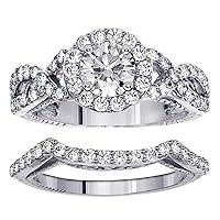 2.15 CT TW GIA Certified Halo Diamond Engagement Ring Bridal Set in 18k White Gold Braided Setting