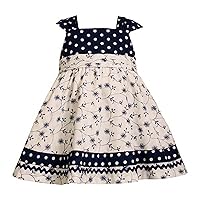 Bonnie Jean Infant Baby Girl Sleeveless Woven Dress, Blue/White Embroidered Floral and Polka Dot, Navy, 12 Months