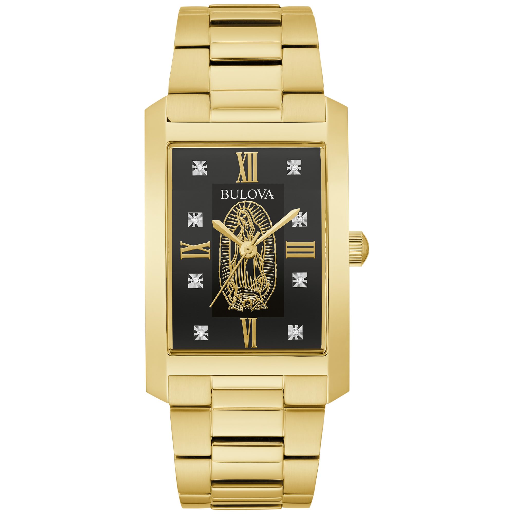 Bulova Mens Classic Diamond Lady of Guadalupe Gold Stainless Steel 3-Hand Quartz Watch, Rectangle Black Dial Style: 97D137