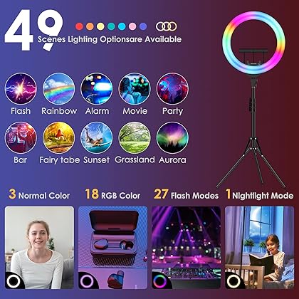 Ring Light with Tripod Stand,18 inch Ring Light with Stand with 49 Lighting Effect and Phone Holder,Selfie Ring Light for Camera Tiktok Photography Live