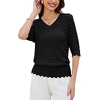 GRACE KARIN Womens Short Sleeve Sweaters Tops V Neck Pullover Knit Shirts Crochet Hollow Out Blouses