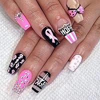 24Pcs Breast Cancer Awareness Press on Nails Medium Length Fake Nails with Rhinestones Designs Pink Ribbon Glue on Acrylic Nails Breast Cancer False Nails for Women Girls Manicure Tips Decorations