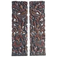 Pair Wall Art Hand Carved Wooden Panel Crafted from Reclaimed Wood Sculpted Wooden Hanging Decoration Thailand 48x14 Inches