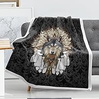 Wolf Sherpa Blanket Warm Blankets for Boys Teens Super Soft Fuzzy Flannel Fleece Reversible Dreamcatcher Wolf Plush Lightweight Couch Blanket 50