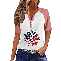 Red White Blue Tops 4th of July Shirts Women 2024 USA Print Casual Raglan Fashion Loose with Short Sleeve Henry Collar Blouses Pink Medium