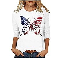 Butterfly Print Shirts for Women 4th of July Patriotic T-Shirt 3/4 Sleeve Crewneck Tops USA Flag Stars Stripes Tees