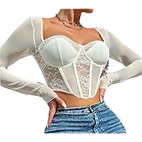 Women's Floral Lace Y2K Crop Top Square Neck Long Sleeve Shirt Sexy Mesh See Through Slim Fit Blouse Streetwear