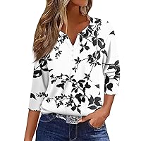 3/4 Sleeve Cotton Blouse Women Button Down Summer Tops V Neck T Shirts Henley Blouses Dressy Fashion Print Clothes