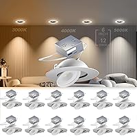 6 inch LED Gimbal Recessed Light, 38° Beam Angel for Picture Walls, 3000K/4000K/5000K Selectable Swivel Eyeball LED Downlight, 9W Adjustable Angled Dimmable Directional Ceiling Light IC Rated(12 Pack)
