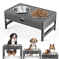 EasyCom Elevated Dog Bowls with Drainer, Adjustable Raised Dog Bowl Stand with 2 Shallow & Deep Stainless Steel Dog Food Bowls, Non-Slip Dog Feeding Station for Medium and Large Sized Dog, Grey