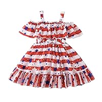 Toddler Girls Independence Day Sleeveless Dress Ruffles Striped Printed Off Shoulders Pleated Frill Dress Outfits