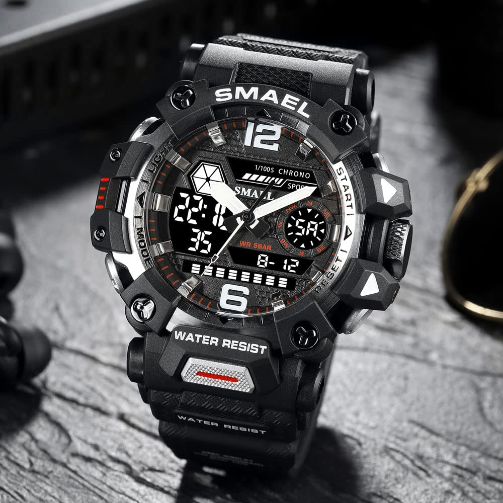 SMAEL Men's Watches Outdoor Sport Military Watch Waterproof Analog-Digital Multi Function Electronic LED Alarm Stopwatch Quartz Wristwatches