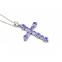925 Sterling Silver Natural Tanzanite 5 MM Round Cut Gemstone Holy Cross Pendant Necklace December Birthstone Tanzanite Jewelry Birthday Gift For Mom (PD-8445)