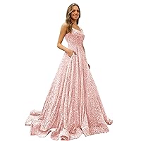 Spaghetti Straps Sequin Prom Dresses for Women Sparkly Long A-Line Formal Ball Gowns with Pockets
