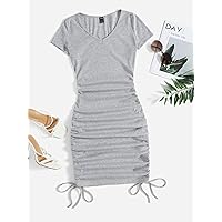 Women's Dress Dresses for Women -Neck Drawstring Ruched Side Dress (Color : Light Grey, Size : X-Small)
