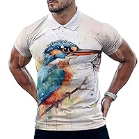 Watercolor Bird Butterfly Mens Polo Shirts Casual Short Sleeve T Shirt Regular Fit Golf Shirts Funny Printed