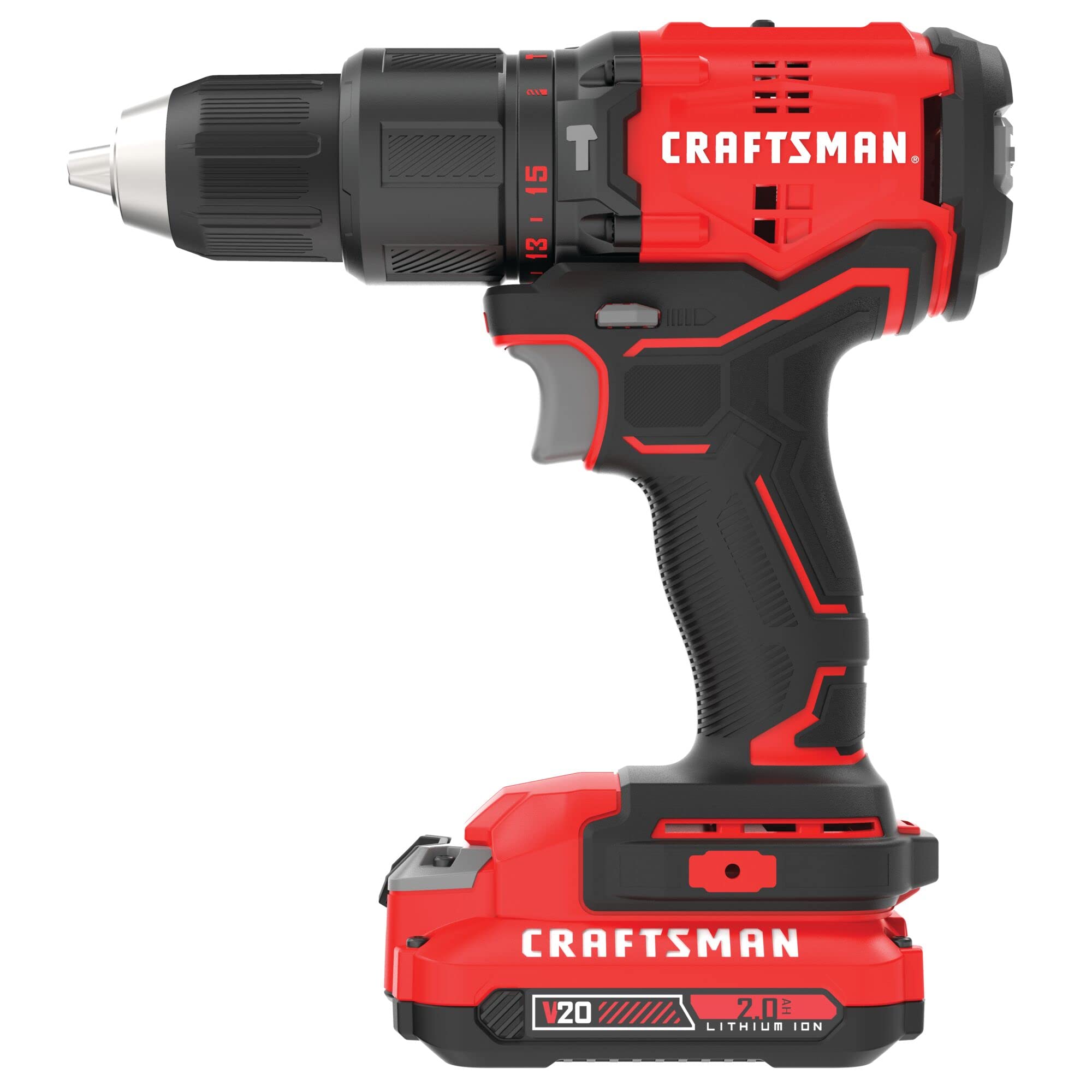 CRAFTSMAN V20 Hammer Drill, 1/2 Inch Ratcheting Chuck, 2 Batteries and Charger Included (CMCD731D2)