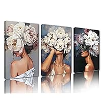 3 Piece Woman Flower Head Canvas Poster Decor Abstract Floral Women Portrait Poster Pictures Wall Art Room Decor Canvas Colorful Flowers Modern Artwork Wall Decor for Living Room Decor42x20 inch