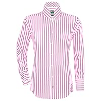 Chinese Manderin High Neck Open Collar Pink White Stripes Shirt Wedding Grooms Style Cotton Men's Shirt