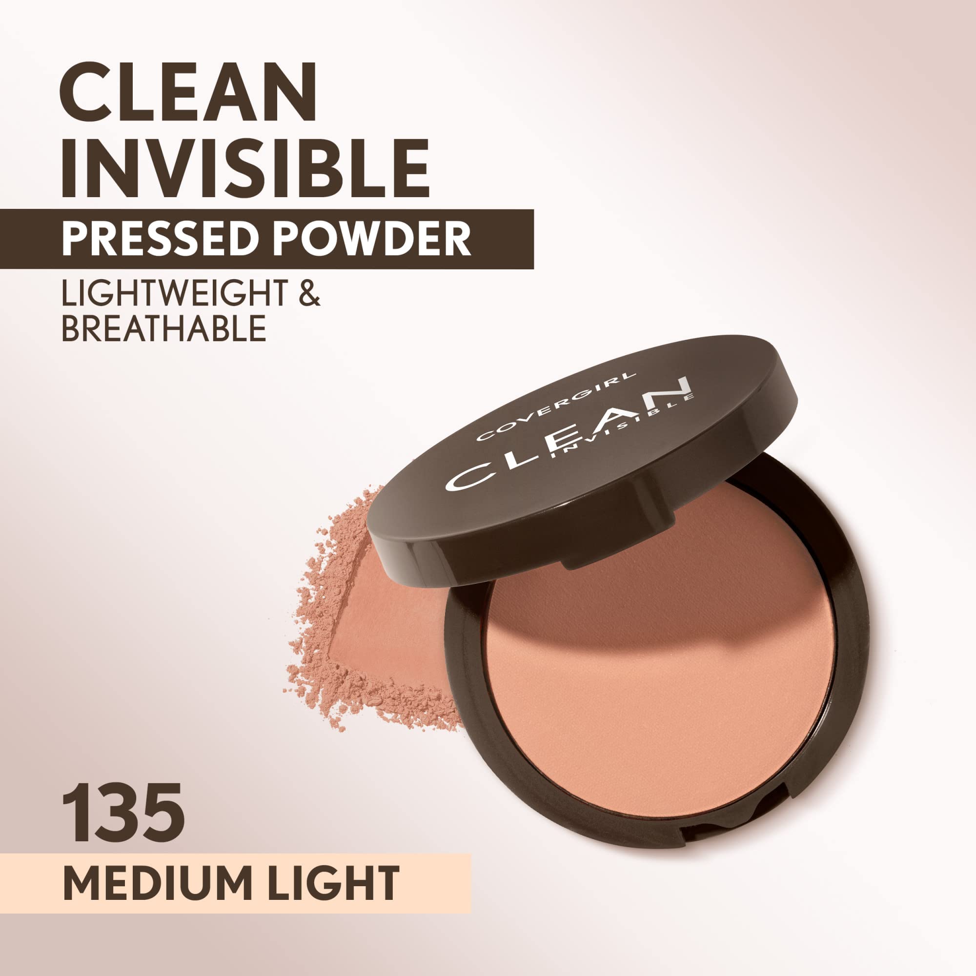 Covergirl Clean Invisible Pressed Powder, Lightweight, Breathable, Vegan Formula, Medium Light 135, 0.38oz