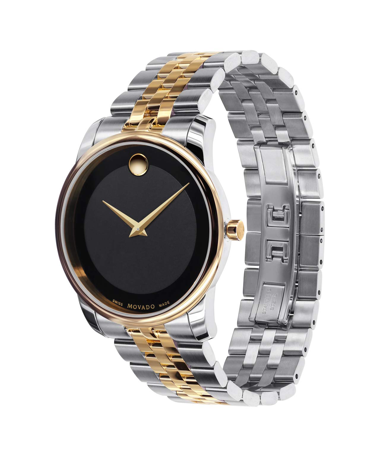 Movado Men's Museum Two Tone Watch with Concave Dot Museum Dial, Gold/Black & Brown Strap (606899)