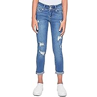 YMI Jeans Girls Sustainable WannaBettaFit 2-Button Double Cuffed Skinny Jeans, Tinted Blue Rips, 14