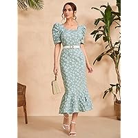 TLULY Dress for Women Floral Print Puff Sleeve Dress Without Belt (Color : Mint Green, Size : Medium)