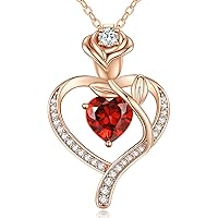 LOUISA SECRET Rose Flower Heart Birthstone Necklaces for Women, 925 Sterling Silver Fine Jewelry, Pendant Heart Necklaces Birthday Anniversary Christmas Gift for Women Wife Mom Girlfriend Lady